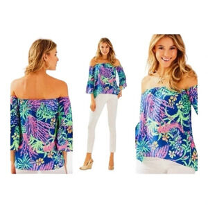 Lilly Pulitzer Womens Sanilla Silk Top‎ Indigo Blue All a Glow New size XS